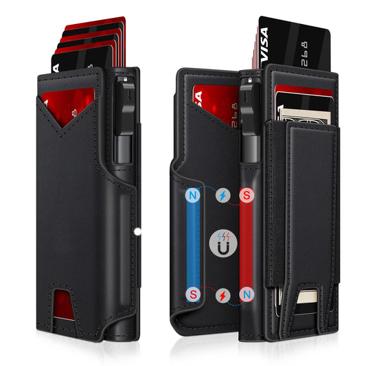 Stealth Wallet — Slim RFID Blocking Bifold | Pop-Up Metal Card Holder | Genuine Leather